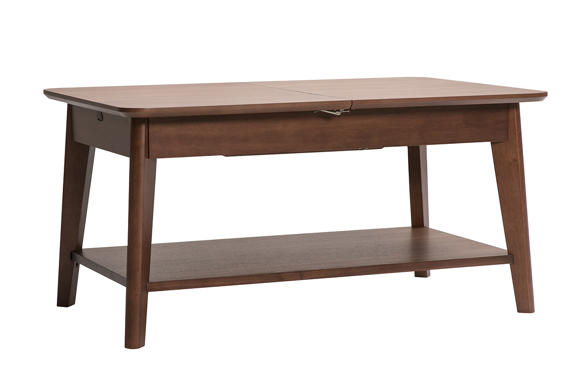 Mesa de centro extensible rectangular de madera oscura, vista en 3/4.