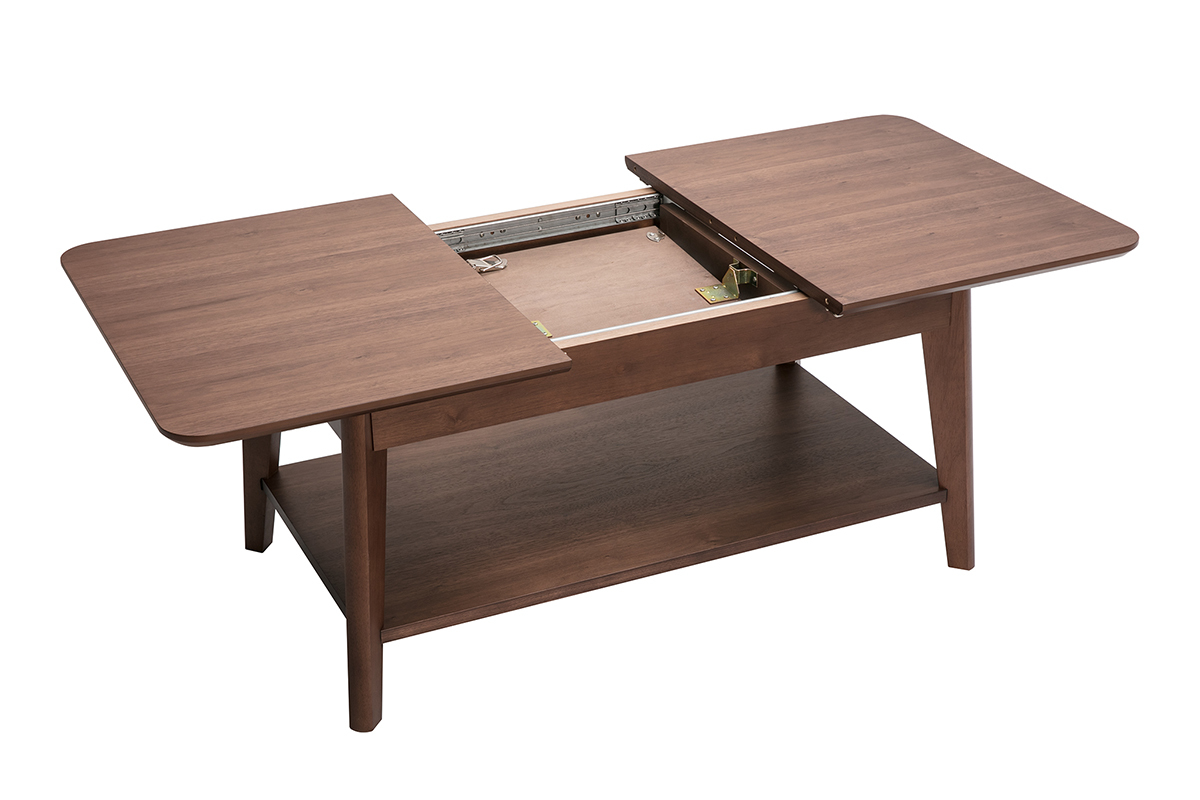 Mesa de centro rectangular extensible de madera oscura, vista superior con el tablero abierto