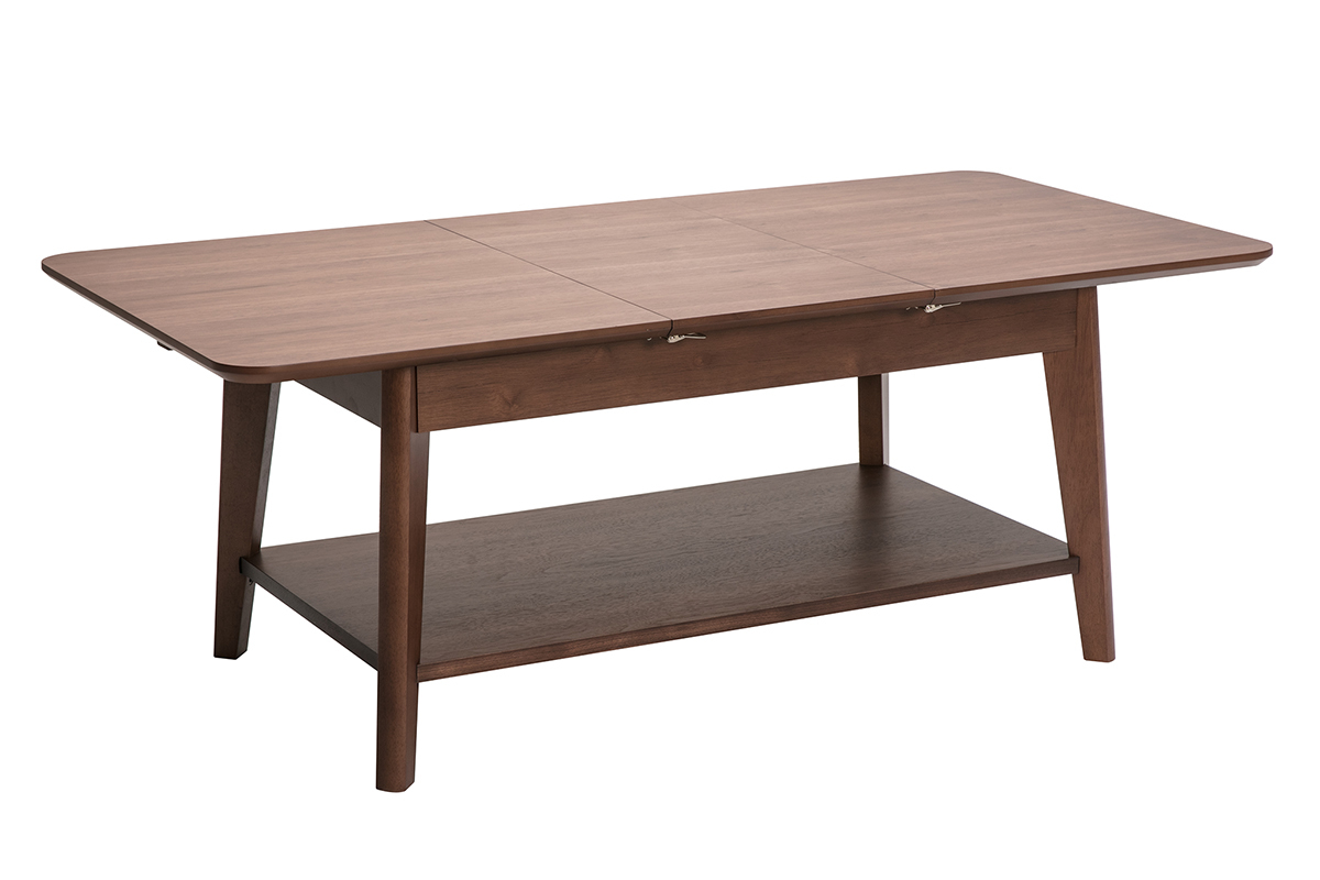 Mesa de centro rectangular extensible de madera oscura, vista en 3/4 con estante inferior