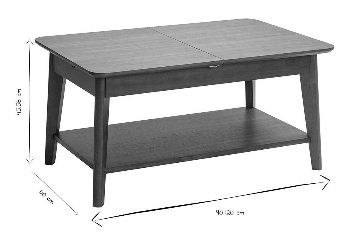 Mesa de centro extensible rectangular de madera oscura, dimensiones 90-120 cm, altura 45.56 cm, anchura 60 cm.