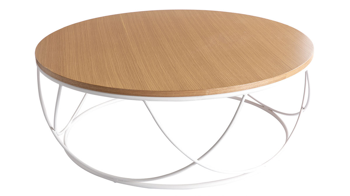Mesa de centro madera y metal blanco redonda 80 cm LACE