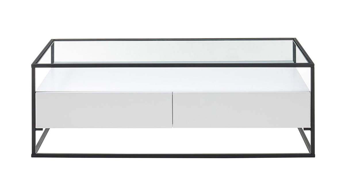 Mesa de centro moderna con tablero de cristal y cajones blanca FINN
