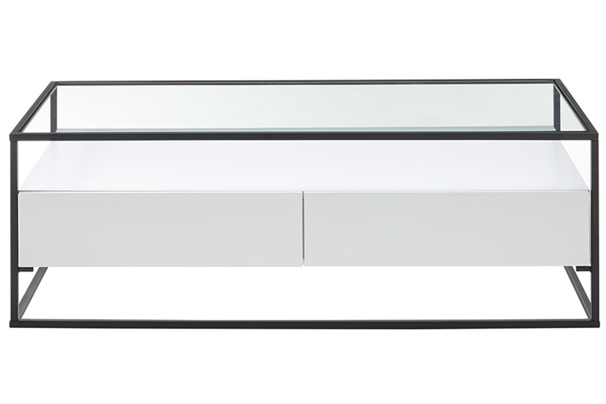 Mesa de centro moderna con tablero de cristal y cajones blanca FINN