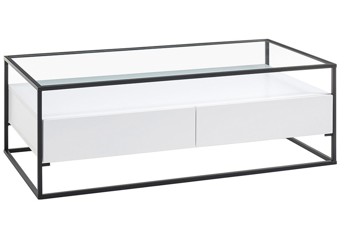 Mesa de centro moderna con tablero de cristal y cajones blanca FINN