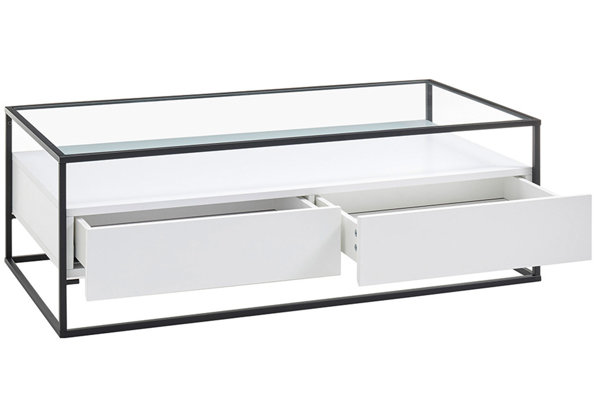 Mesa de centro moderna con tablero de cristal y cajones blanca FINN
