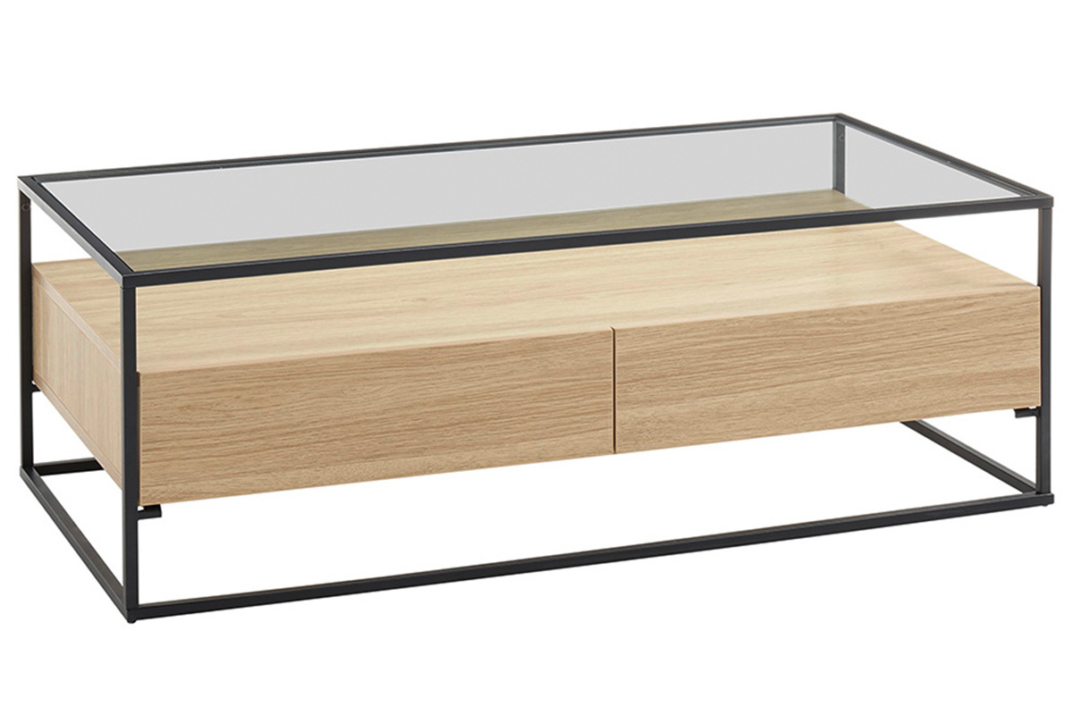 Mesa de centro moderna con tablero de cristal y cajones madera FINN