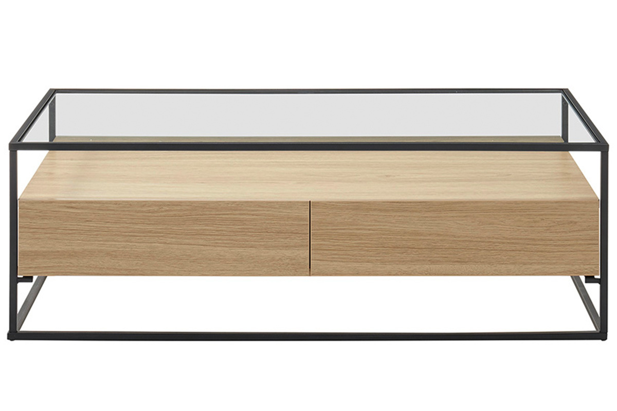 Mesa de centro moderna con tablero de cristal y cajones madera FINN