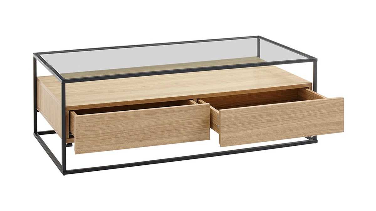 Mesa de centro moderna con tablero de cristal y cajones madera FINN