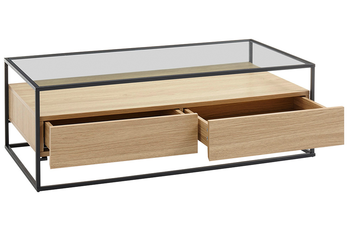 Mesa de centro moderna con tablero de cristal y cajones madera FINN