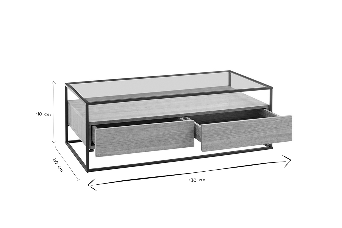 Mesa de centro moderna con tablero de cristal y cajones madera FINN