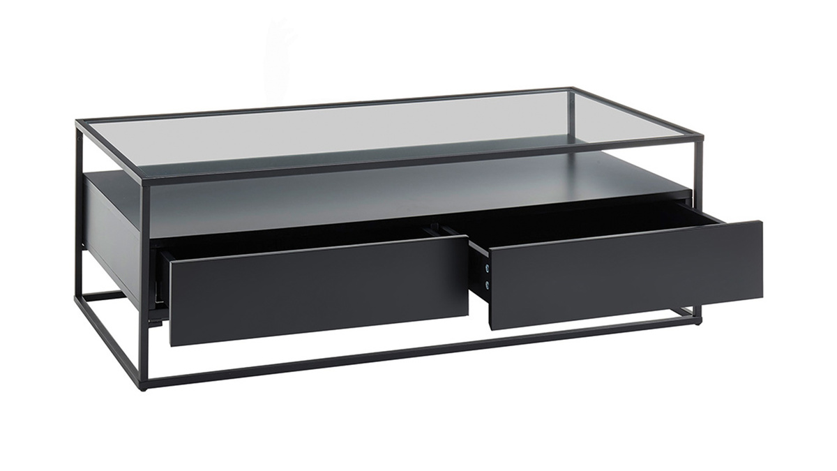 Mesa de centro moderna con tablero de cristal y cajones negra FINN