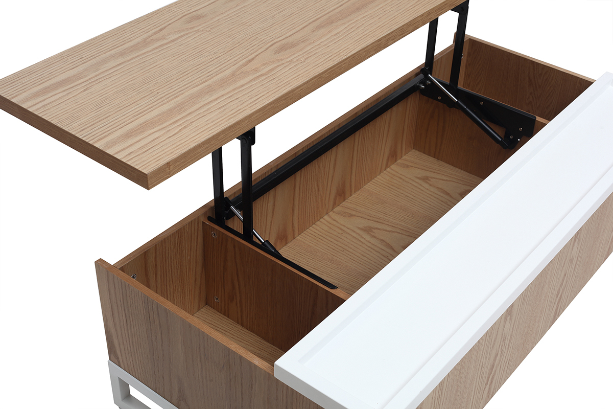 Mesa de centro moderna elevable madera y blanca con almacenaje URBAN