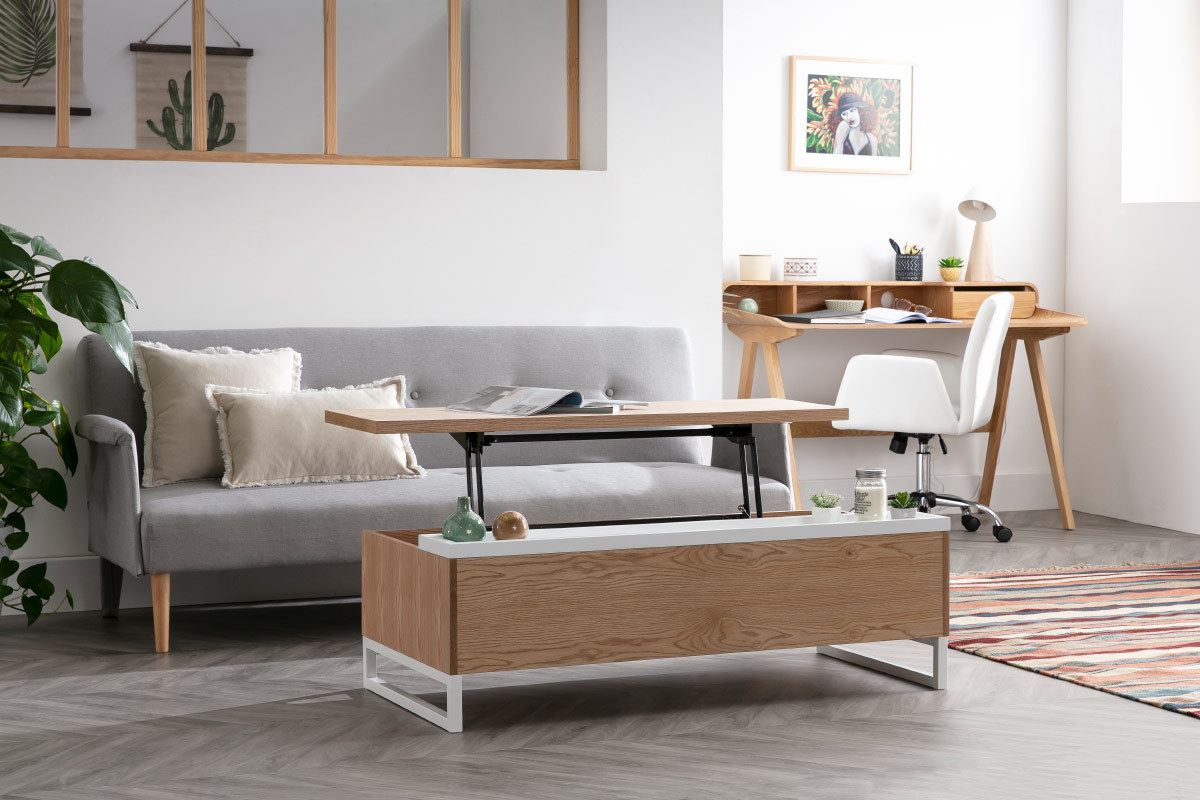 Mesa de centro moderna elevable madera y blanca con almacenaje URBAN