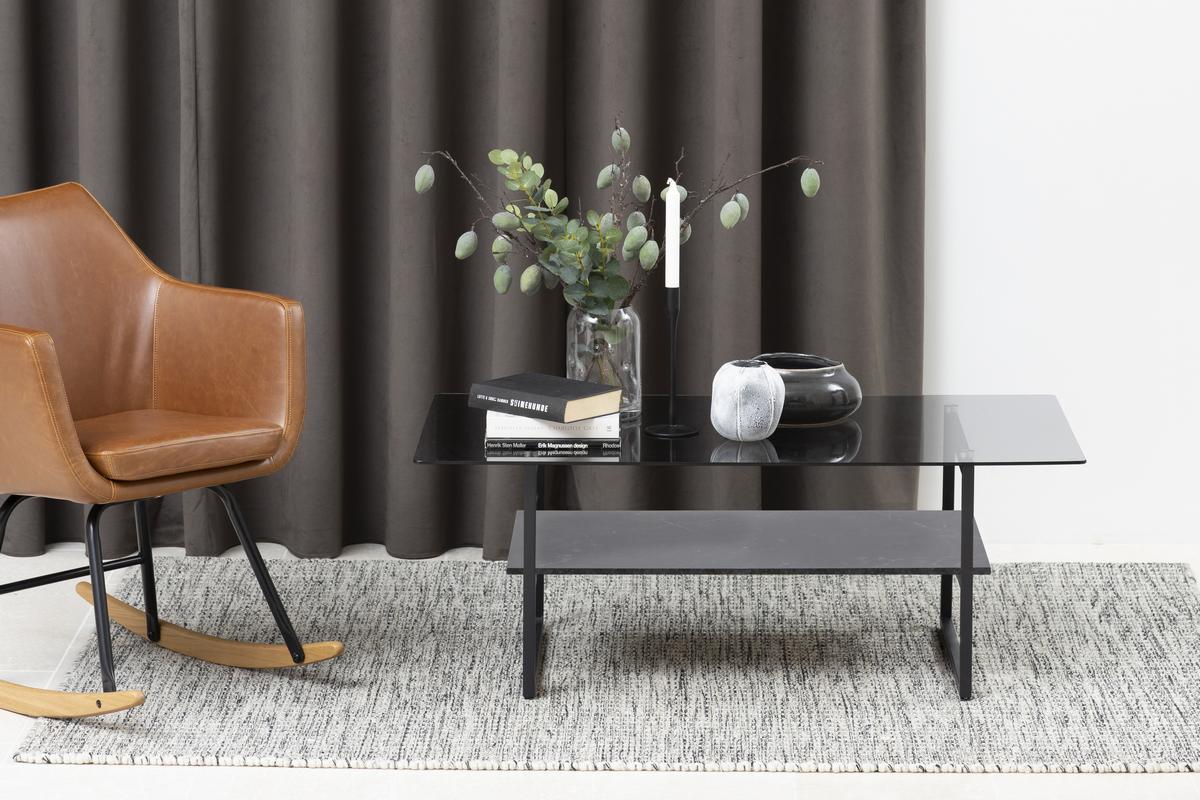 Mesa de centro moderna en cristal ahumado con estante efecto mrmol negro ZAHO