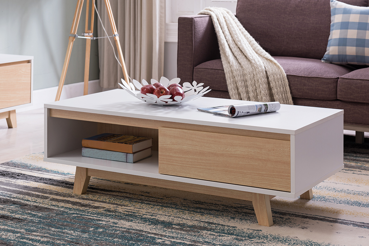 Mesa de centro nrdica blanca brillante y madera LAHTI