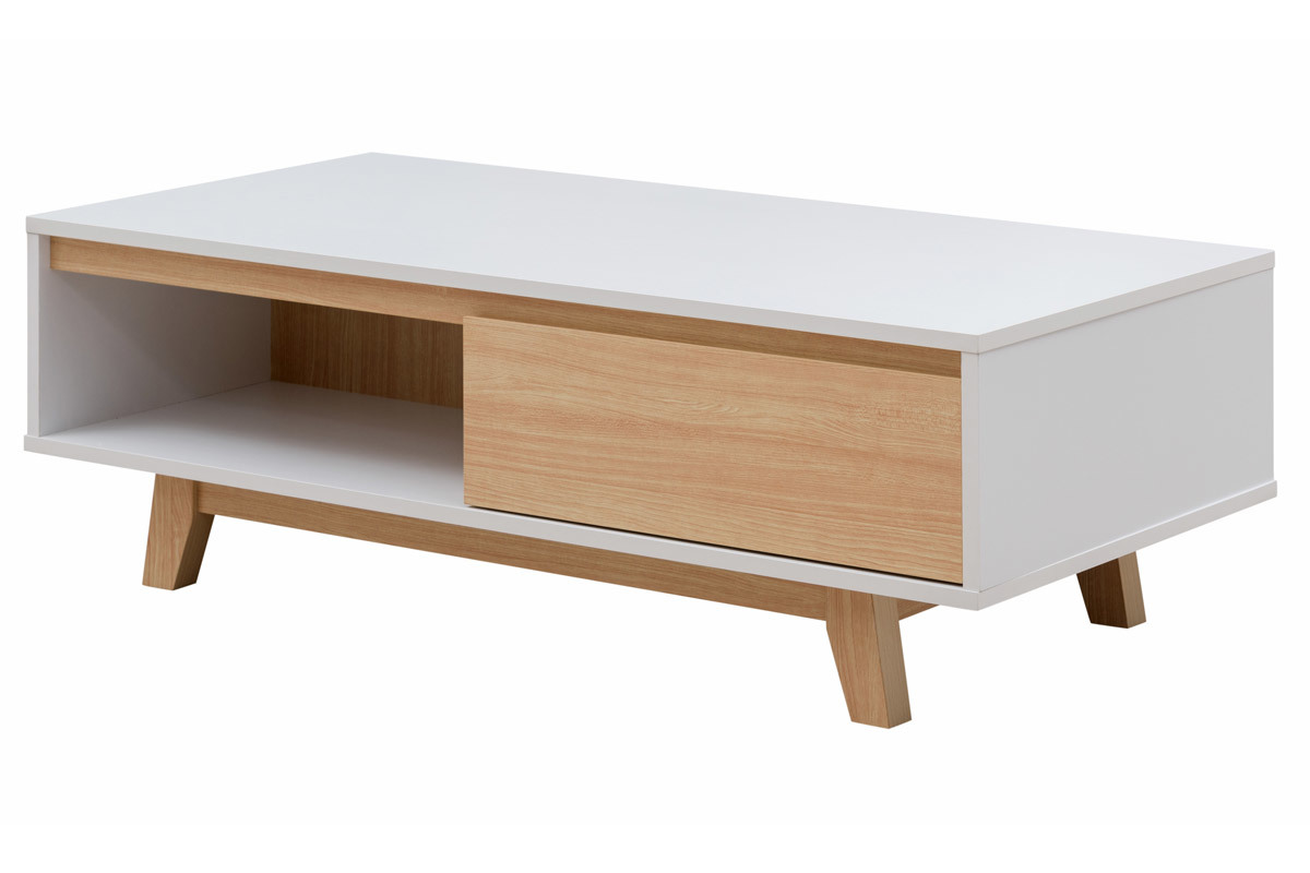 Mesa de centro nrdica blanca brillante y madera LAHTI
