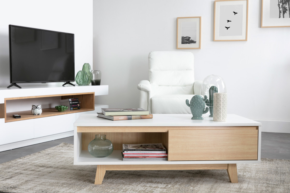 Mesa de centro nrdica blanca brillante y madera LAHTI