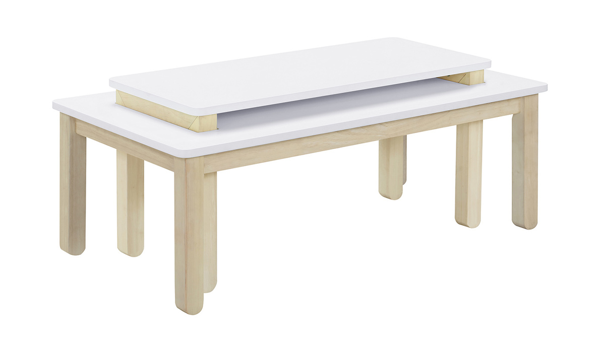 Mesa de centro nrdica con banco integrado blanco y madera clara CYBEL