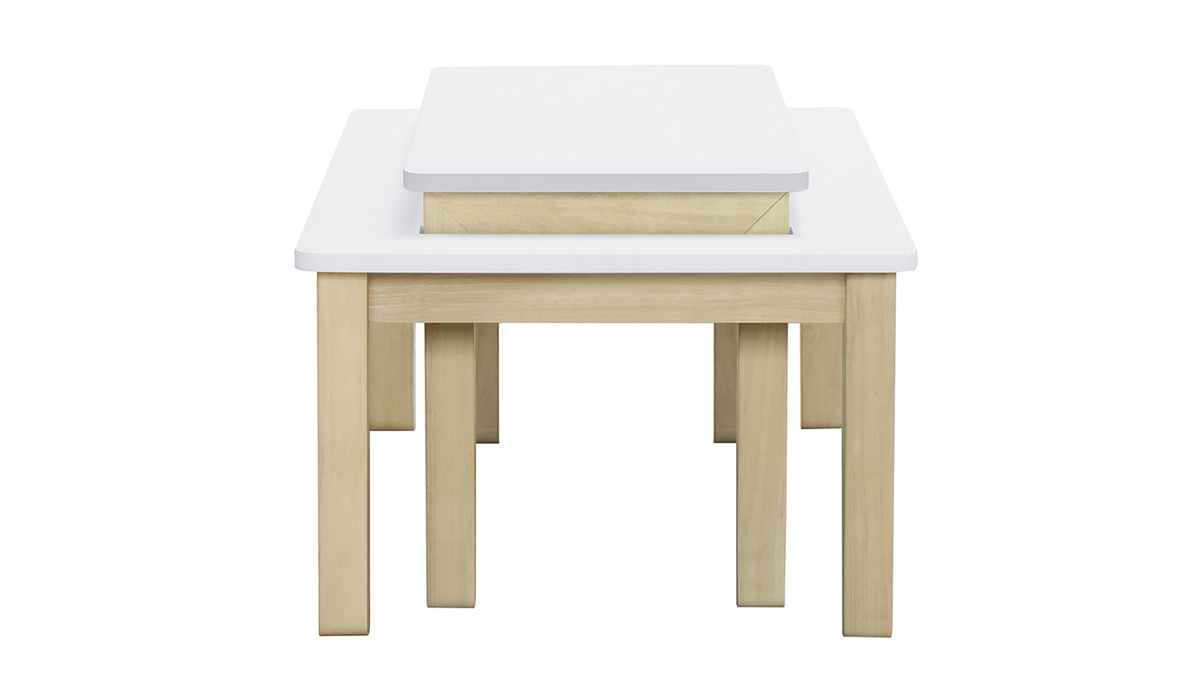 Mesa de centro nrdica con banco integrado blanco y madera clara CYBEL
