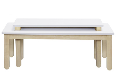Mesa de centro nórdica con banco integrado blanco y madera clara CYBEL