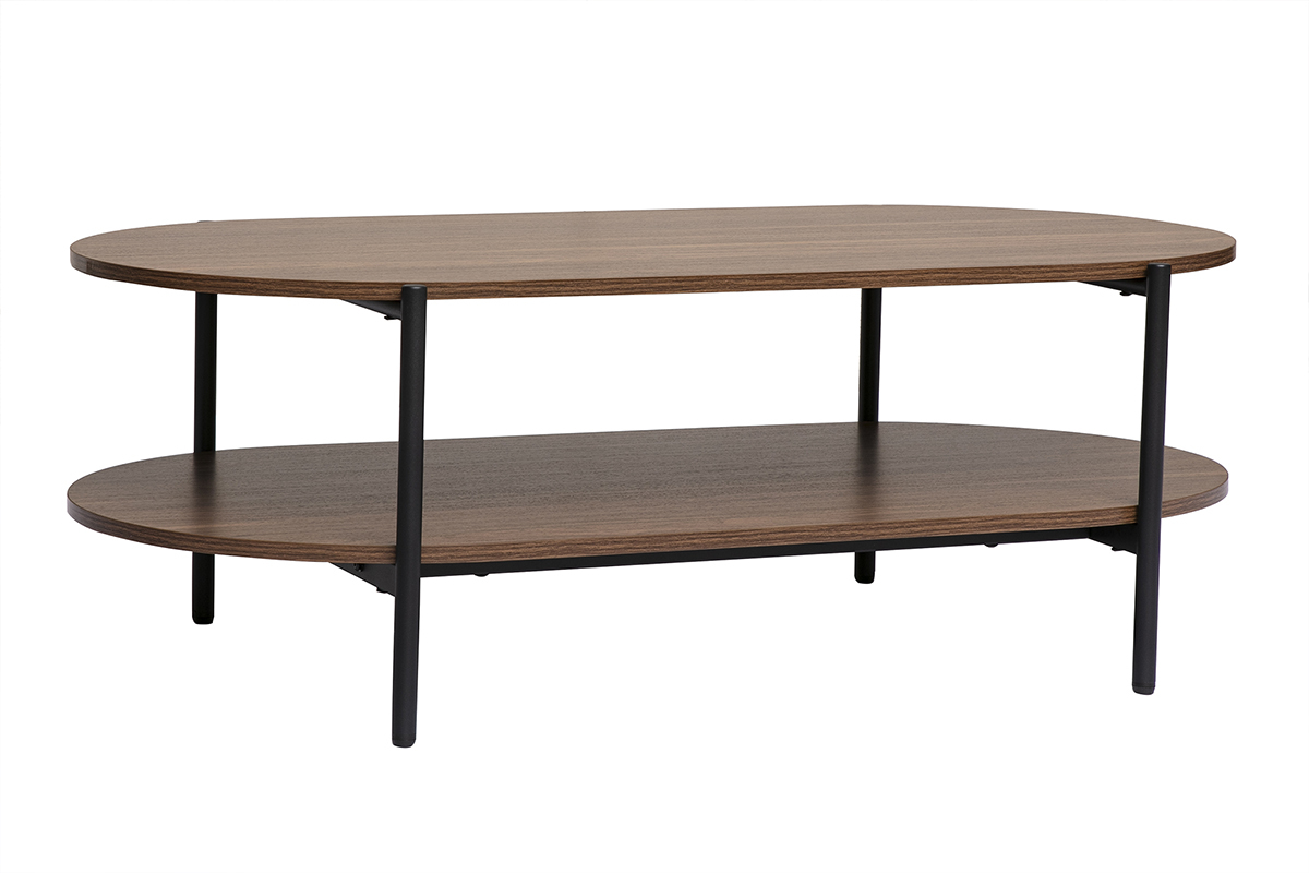 Mesa baja ovalada de madera oscura y metal negro con dos niveles, vista de 3/4.