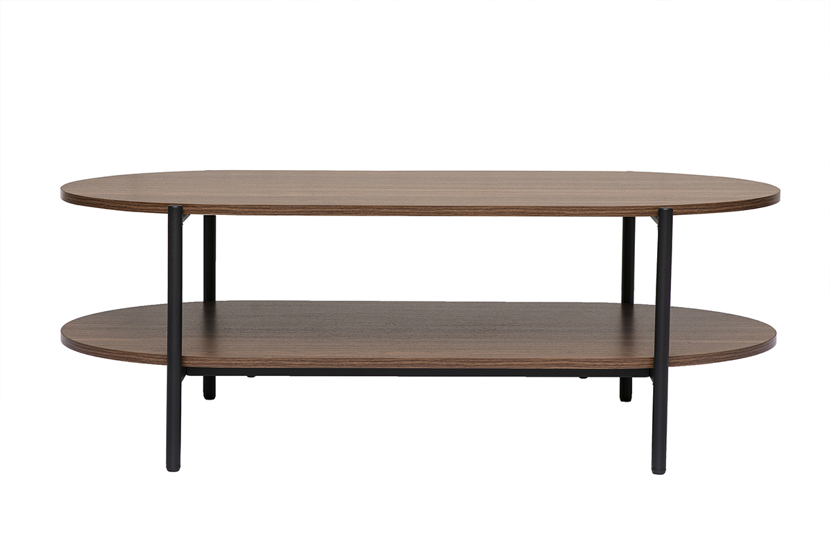 Mesa baja ovalada de madera oscura de nogal con estructura met�lica negra, vista frontal.