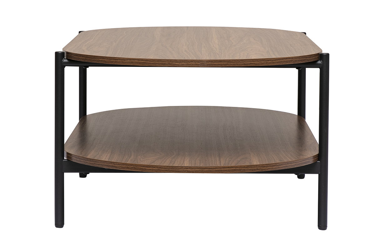 Mesa baja ovalada de madera oscura y metal negro, vista de perfil, dos estantes.