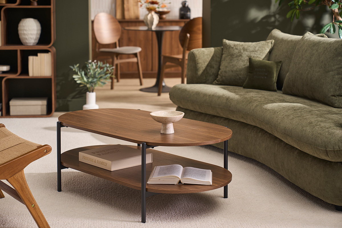 Mesa de centro ovalada con acabado de madera oscura de nogal y metal L115 cm BRUNA