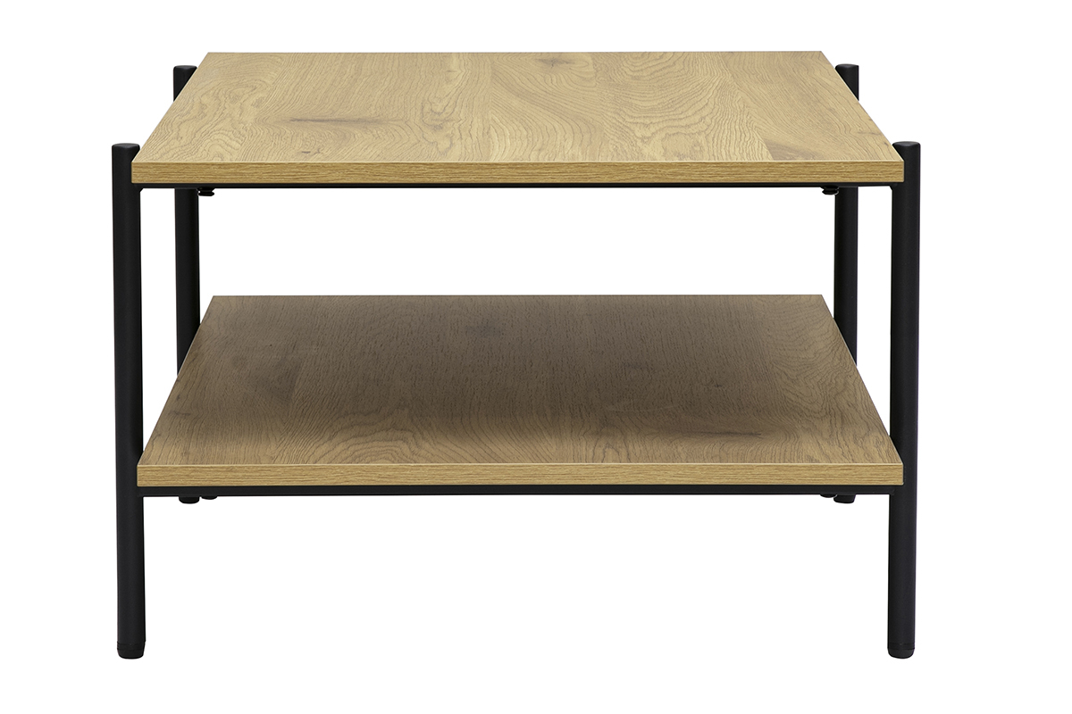 Mesa de centro rectangular de madera clara de roble y metal negro, vista de perfil.
