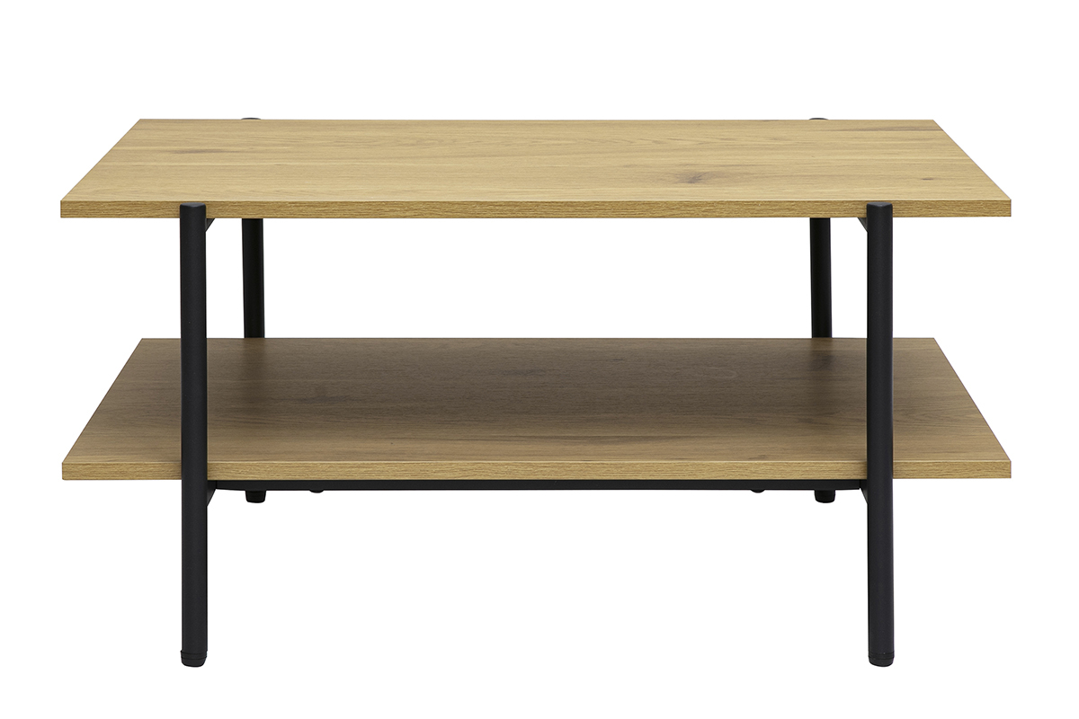 Mesa de centro rectangular de madera clara de roble y metal negro con dos estantes, vista frontal.