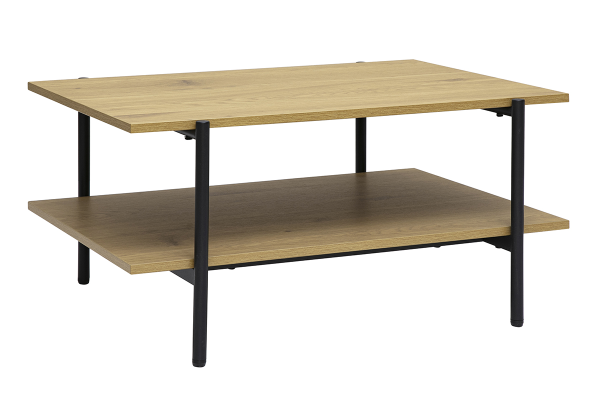 Mesa baja rectangular con acabado en madera clara de roble y metal negro, vista en 3/4.