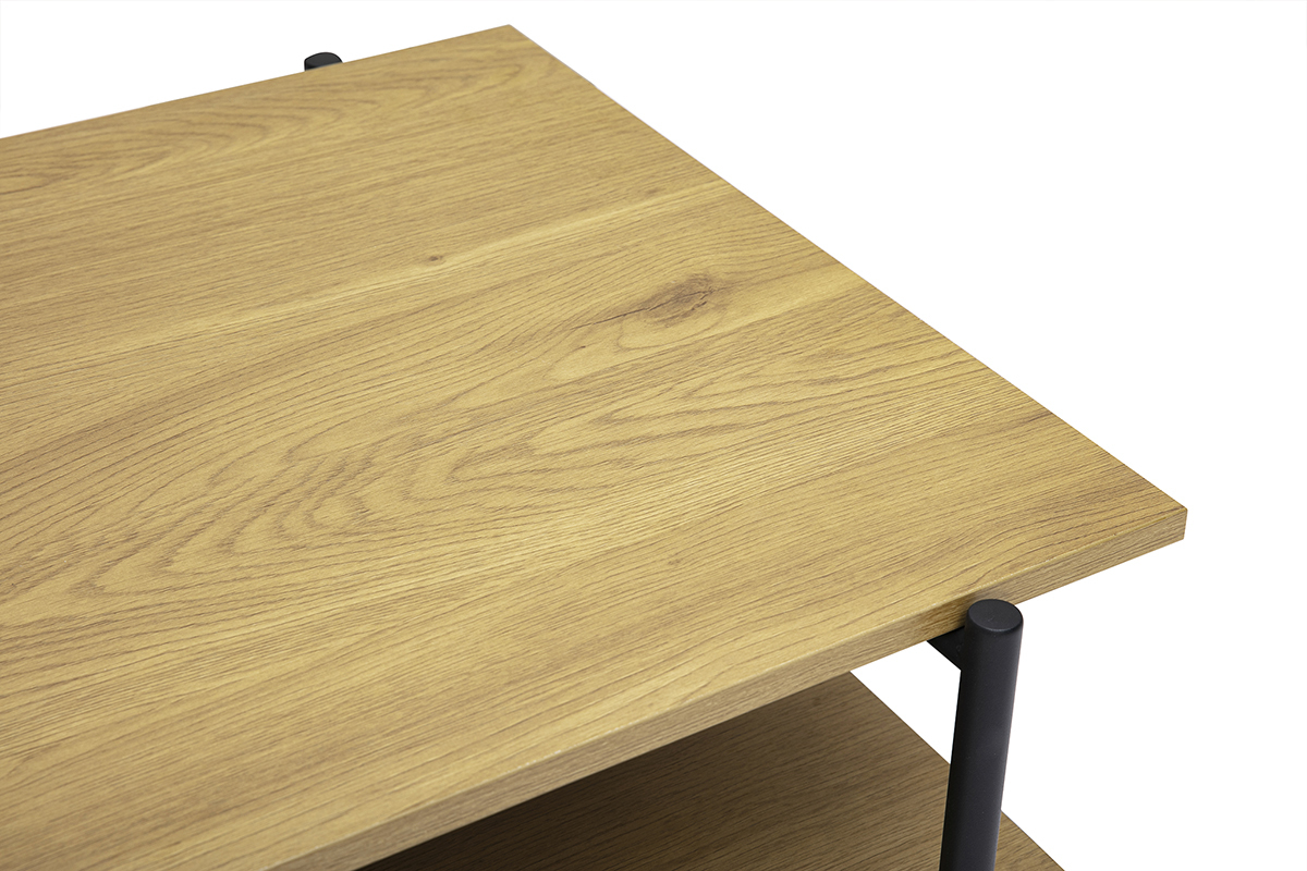 Vista superior de la mesa de centro rectangular de madera clara de roble y metal negro