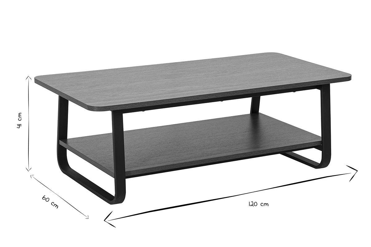 Mesa baja rectangular con dimensiones 120x60x44 cm, acabado de madera y metal, vista en perspectiva, negro y blanco.