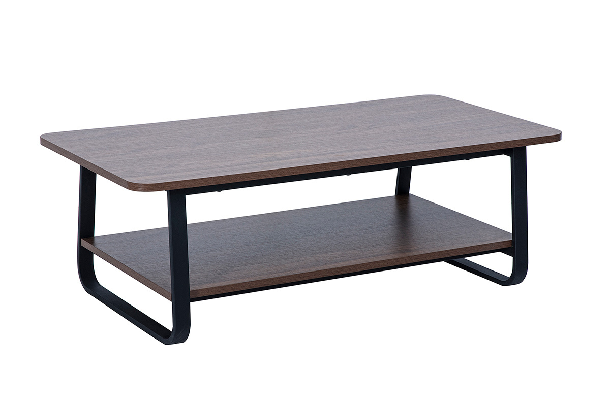 Mesa baja rectangular de madera de nogal y metal negro, vista de 3/4, con doble tablero.