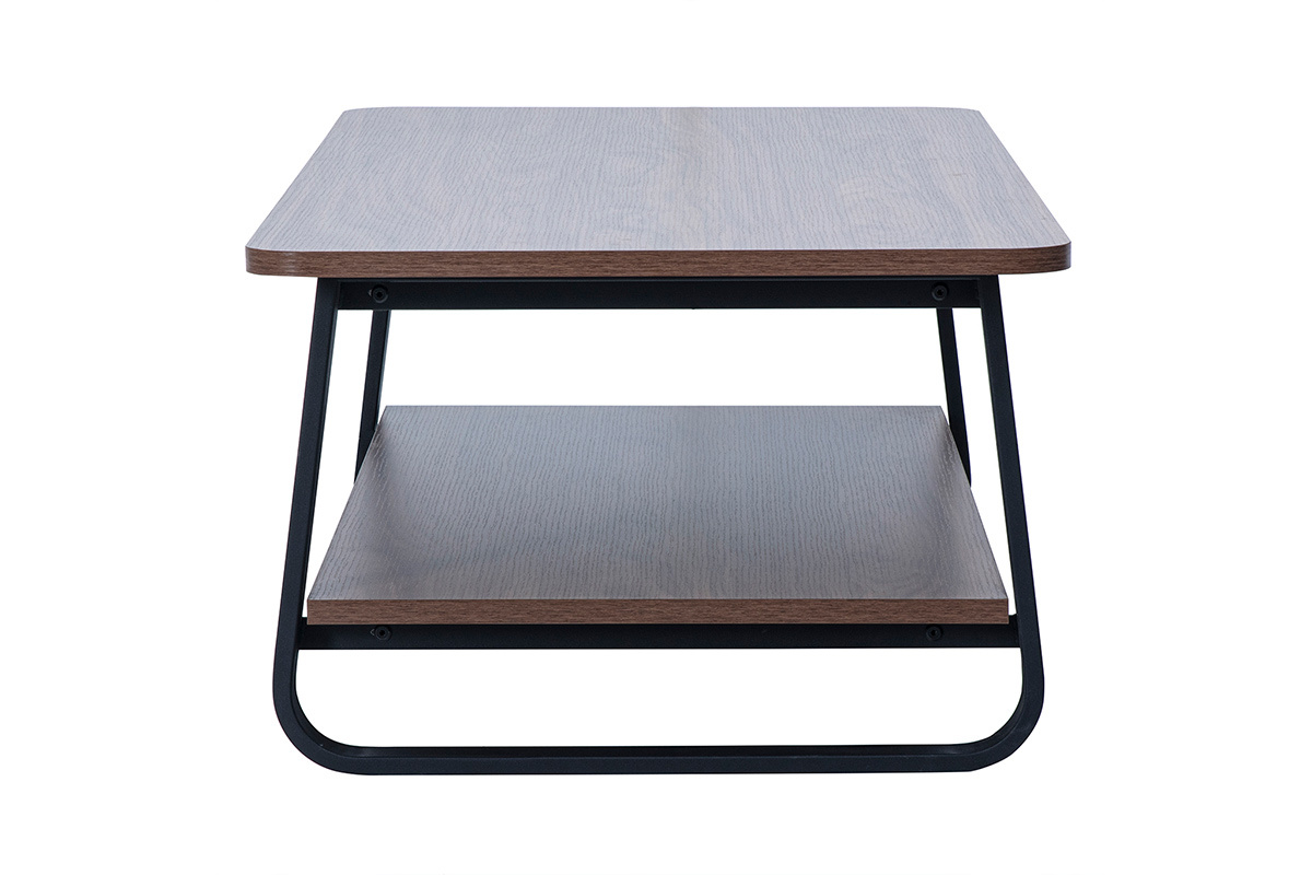 Mesa baja rectangular de madera de nogal y metal, vista lateral, doble tablero.