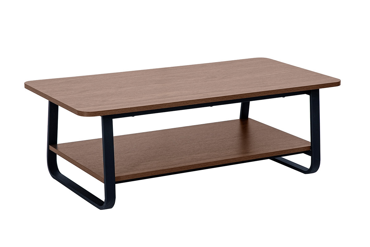 Mesa baja rectangular de madera de nogal y metal negro, vista en tres cuartos