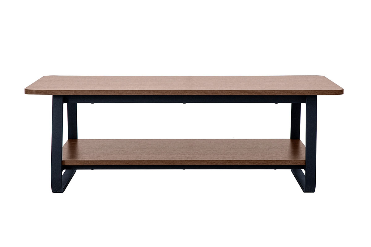 Mesa baja rectangular de madera de nogal y metal negro, vista frontal