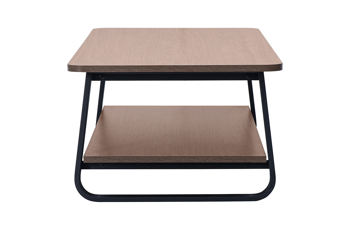 Mesa baja rectangular con acabado de madera de nogal y estructura de metal negro, vista de perfil.