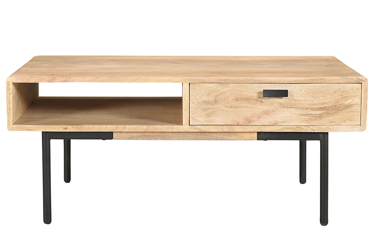 Mesa de centro rectangular con 2 cajones de madera maciza de mango y metal negro 100 cm JUDE
