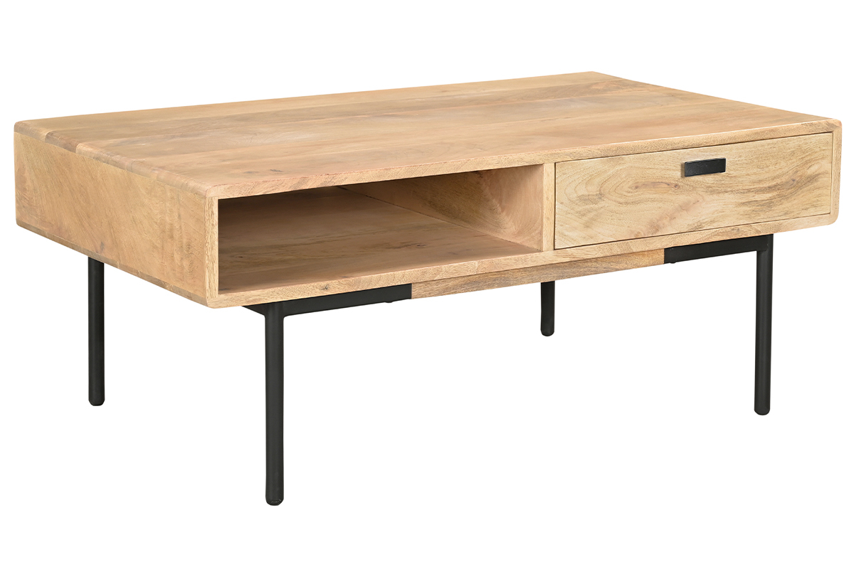 Mesa de centro rectangular con 2 cajones de madera maciza de mango y metal negro 100 cm JUDE