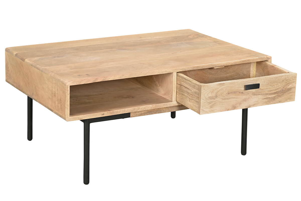 Mesa de centro rectangular con 2 cajones de madera maciza de mango y metal negro 100 cm JUDE