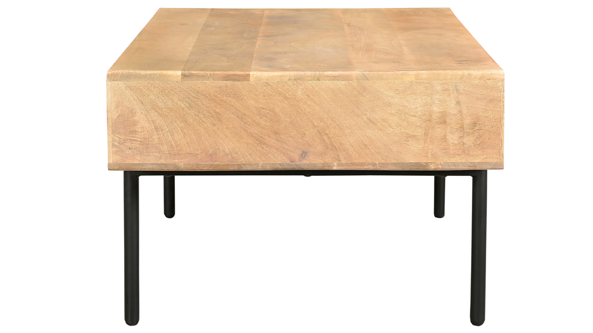 Mesa de centro rectangular con 2 cajones de madera maciza de mango y metal negro 100 cm JUDE
