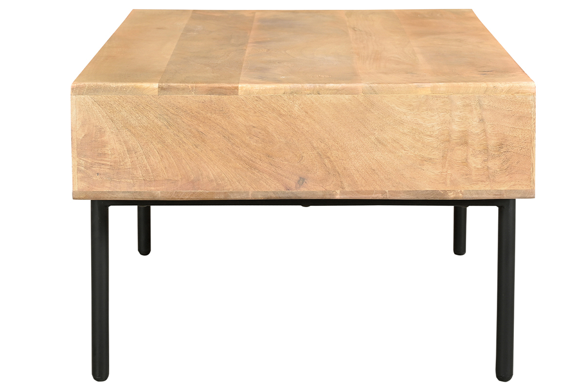 Mesa de centro rectangular con 2 cajones de madera maciza de mango y metal negro 100 cm JUDE