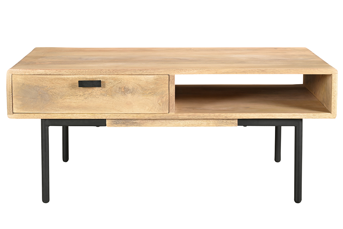 Mesa de centro rectangular con 2 cajones de madera maciza de mango y metal negro 100 cm JUDE