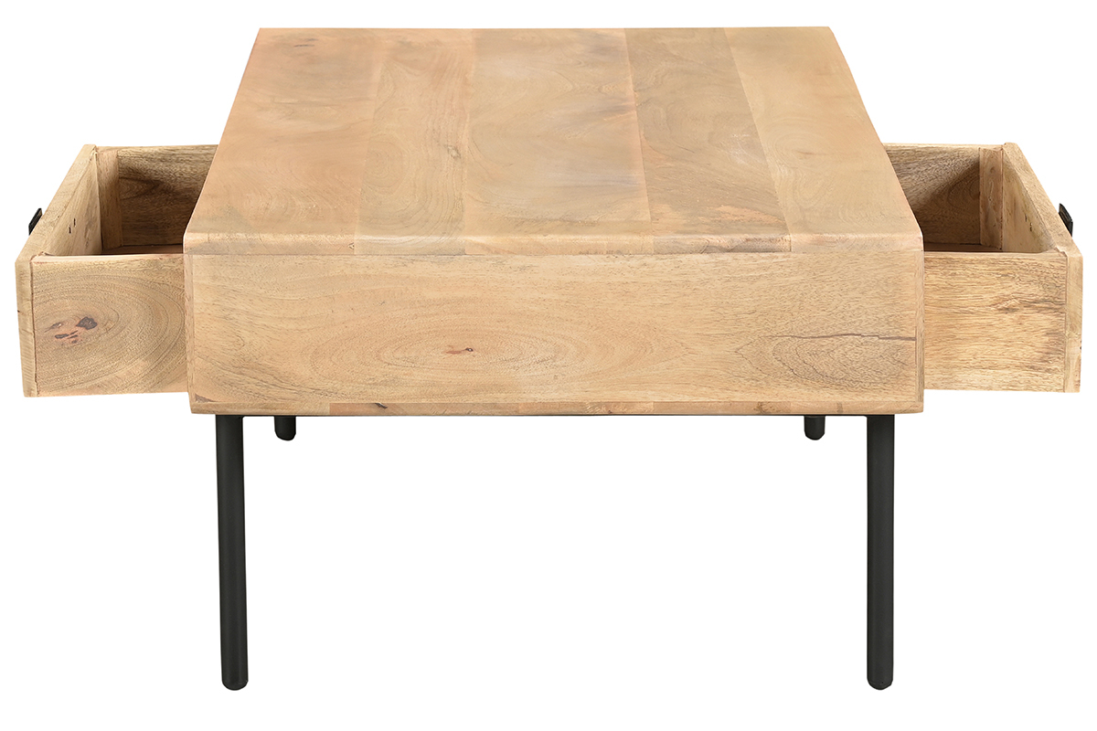 Mesa de centro rectangular con 2 cajones de madera maciza de mango y metal negro 100 cm JUDE