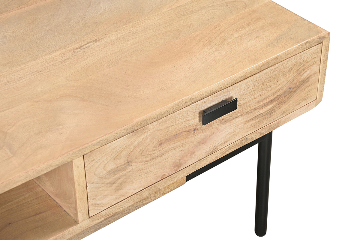 Mesa de centro rectangular con 2 cajones de madera maciza de mango y metal negro 100 cm JUDE