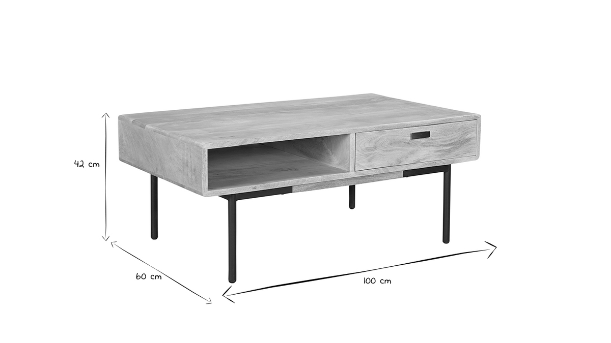 Mesa de centro rectangular con 2 cajones de madera maciza de mango y metal negro 100 cm JUDE