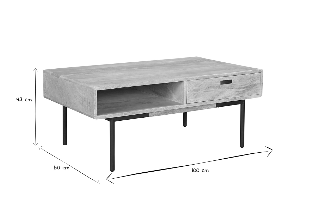 Mesa de centro rectangular con 2 cajones de madera maciza de mango y metal negro 100 cm JUDE