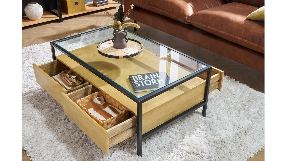 Mesa de centro rectangular con almacenaje de madera maciza de mango, cristal y metal negro 100 cm SITA