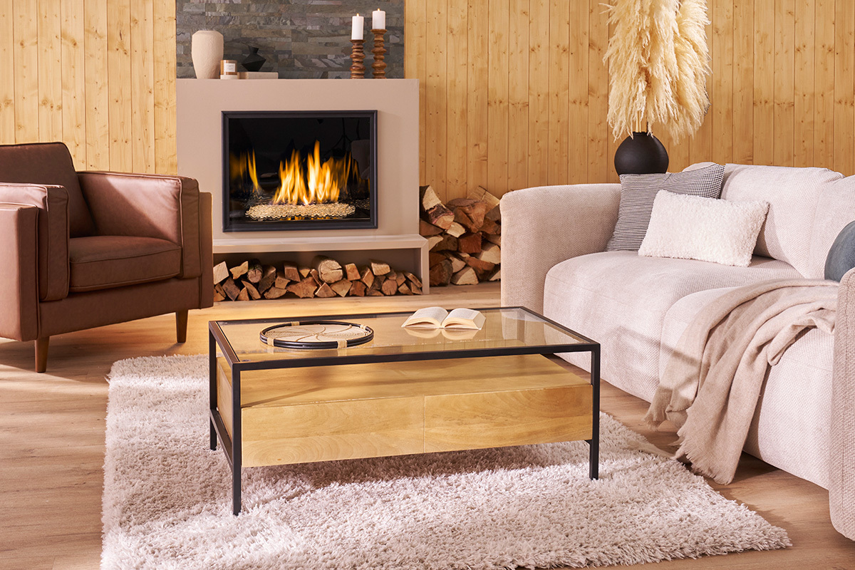 Mesa de centro rectangular con almacenaje de madera maciza de mango, cristal y metal negro 100 cm SITA
